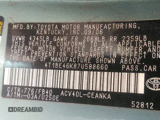 2007 Toyota Camry CE with VIN 4T1BE46K87U588660, listed as a IAAI auction lot 41853365 with 223,452 mi miles. Bid and sale history available at carsss.com. Image 9.