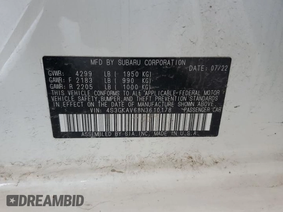 2022 Subaru Impreza Premium with VIN 4S3GKAV68N3610178, listed as a Copart auction lot 63338605 with 31,750 mi miles and Salvage title. Bid and sale history available at DreamBid. Image 12.