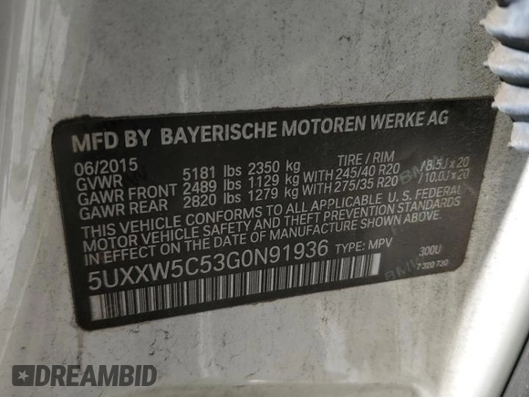2016 BMW X4 xDrive35i with VIN 5UXXW5C53G0N91936, listed as a Copart auction lot 49480633 with 159,184 mi miles. Bid and sale history available at carsss.com. Image 12.