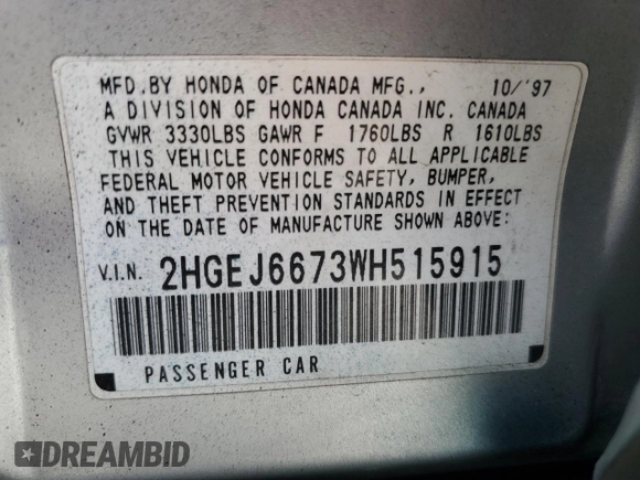 1998 Honda Civic LX with VIN 2HGEJ6673WH515915, listed as a Copart auction lot 52403795 with 224,174 mi miles and Salvage Title. Bid and sale history available at DreamBid. Image 14.