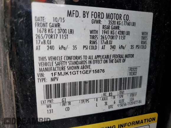 2016 Ford Expedition Max XL z VIN 1FMJK1GT1GEF15876, wystawiony jako Copart lot #52551725 z przebiegiem 117 103 mil mil oraz Szkoda całkowita • Salvage title. Historia ofert i sprzedaży dostępna na DreamBid. Obrazek 13.