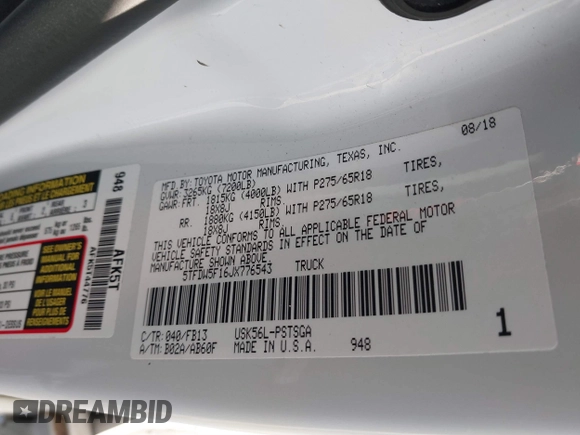 2018 Toyota Tundra SR5 z VIN 5TFDW5F16JX776543, wystawiony jako IAAI lot #40874026 z przebiegiem 59 636 mil mil oraz . Historia ofert i sprzedaży dostępna na DreamBid. Obrazek 9.