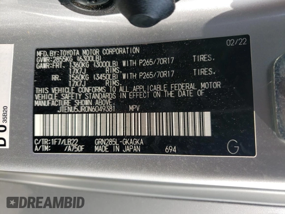 2022 Toyota 4Runner SR5 Premium with VIN JTENU5JR0N6049381, listed as a Copart auction lot 54142155 with 46,048 mi miles and Salvage title. Bid and sale history available at DreamBid. Image 13.