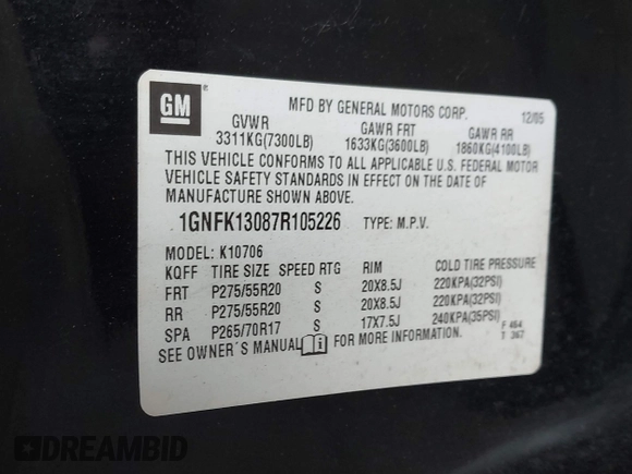 2007 Chevrolet Tahoe LT z VIN 1GNFK13087R105226, wystawiony jako IAAI lot #42580197 z przebiegiem 230 762 mil mil oraz . Historia ofert i sprzedaży dostępna na DreamBid. Obrazek 9.
