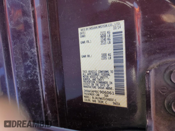 2014 Nissan Maxima 3.5 SV with VIN 1N4AA5AP4EC906061, listed as a Copart auction lot 46363955 with 165,920 mi miles and Salvage Title. Bid and sale history available at carsss.com. Image 14.