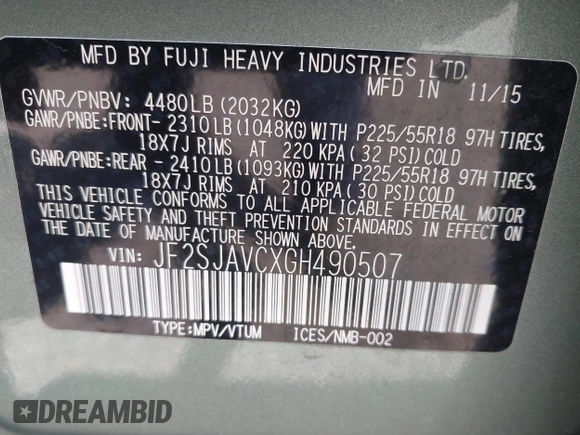 2016 Subaru Forester Touring with VIN JF2SJAVCXGH490507, listed as a IAAI auction lot 42070715 with 98,456 mi miles and . Bid and sale history available at DreamBid. Image 9.