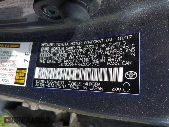 2017 Toyota Prius Plus with VIN JTDKARFP7H3054775, listed as a IAAI auction lot 42023670 with 80,759 mi miles and . Bid and sale history available at DreamBid. Image 9.