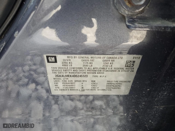 2013 GMC Terrain SLE with VIN 2GKALMEK4D6246323, listed as a Copart auction lot 42760155 with 136,547 mi miles and Salvage Title. Bid and sale history available at carsss.com. Image 14.