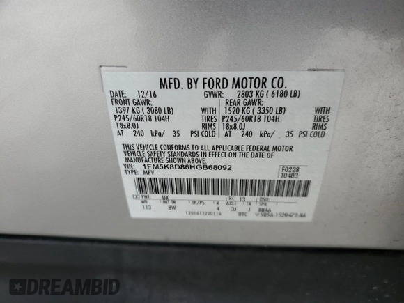 2017 Ford Explorer XLT with VIN 1FM5K8D86HGB68092, listed as a Copart auction lot 58046485 with 78,572 mi miles and Salvage title. Bid and sale history available at DreamBid. Image 13.