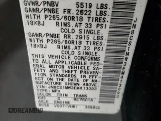 2014 Infiniti QX70 with VIN JN8CS1MW3EM413093, listed as a Copart auction lot 44106705 with 106,511 mi miles and Salvage title. Bid and sale history available at DreamBid. Image 14.
