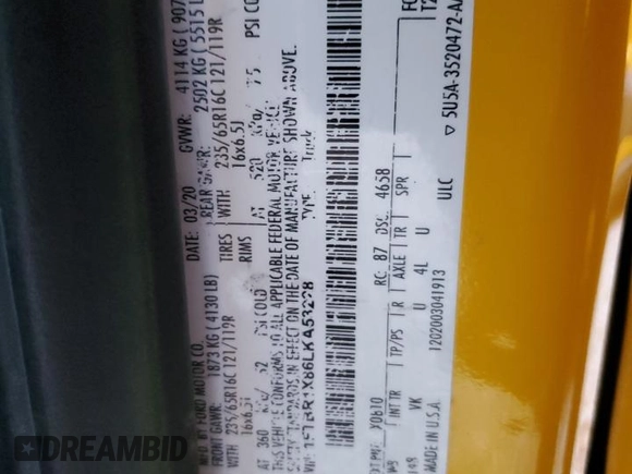 2020 Ford Transit Cargo with VIN 1FTBR1X86LKA53228, listed as a Copart auction lot 87949815 with 88,178 mi miles and Salvage Title. Bid and sale history available at DreamBid. Image 12.