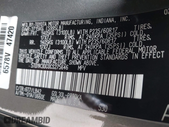 2012 Toyota Sienna XLE AAS с VIN 5TDYK3DC0CS275646, выставлен на аукционе IAAI как лот 42116979 с пробегом 250 909 миль миль и . История ставок и продаж доступна на DreamBid. Изображение 9.
