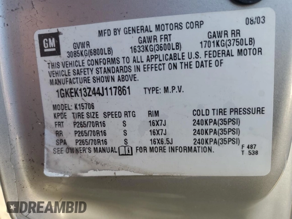 2004 GMC Yukon SLE with VIN 1GKEK13Z44J117861, listed as a Copart auction lot 83617524 with 0 mi miles and Salvage Title. Bid and sale history available at carsss.com. Image 13.