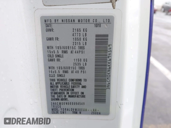 2019 Nissan NV200 SV with VIN 3N6CM0KN6KK694549, listed as a IAAI auction lot 41916224 with 99,321 mi miles and . Bid and sale history available at DreamBid. Image 9.