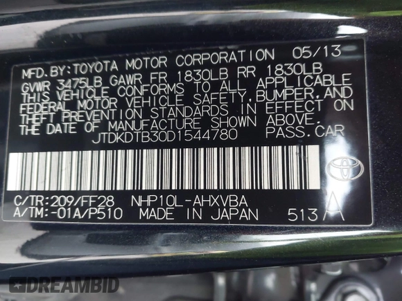 2013 Toyota Prius One with VIN JTDKDTB30D1544780, listed as a IAAI auction lot 42107379 with 181,951 mi miles. Bid and sale history available at carsss.com. Image 9.