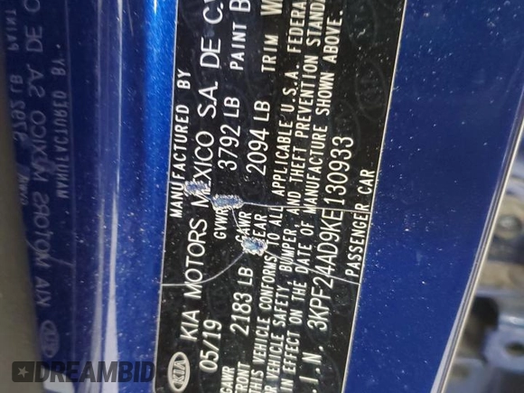 2019 Kia Forte LXS z VIN 3KPF24AD9KE130933, wystawiony jako Copart lot #54496405 z przebiegiem 14 637 mil mil oraz Szkoda całkowita • Salvage title. Historia ofert i sprzedaży dostępna na DreamBid. Obrazek 12.