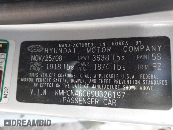 2009 Hyundai Accent Auto GLS z VIN KMHCN46C69U326197, wystawiony jako IAAI lot #42268198 z przebiegiem 74 308 mil mil oraz . Historia ofert i sprzedaży dostępna na DreamBid. Obrazek 9.