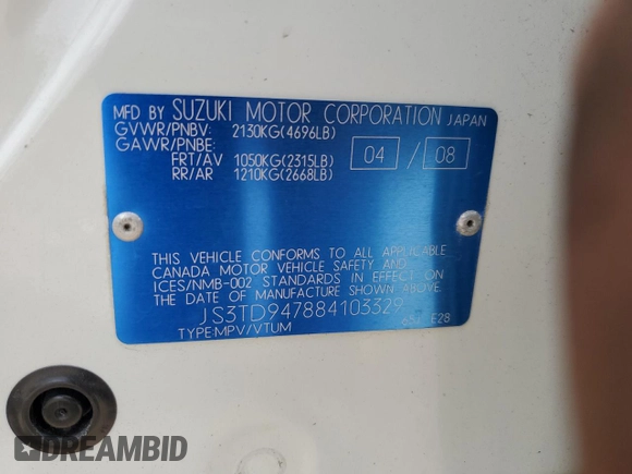 2008 Suzuki Grand Vitara Luxury z VIN JS3TD947884103329, wystawiony jako Copart lot #68764444 z przebiegiem 207 151 mil mil oraz Szkoda całkowita • Salvage title. Historia ofert i sprzedaży dostępna na DreamBid. Obrazek 13.