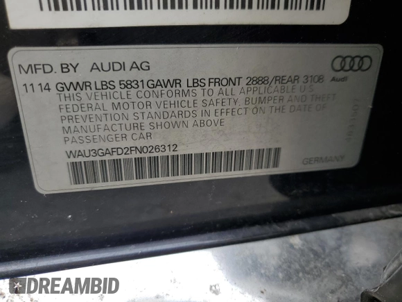 2015 Audi A8 3.0T z VIN WAU3GAFD2FN026312, wystawiony jako Copart lot #53914905 z przebiegiem Nie podano mil oraz Szkoda całkowita • Salvage title. Historia ofert i sprzedaży dostępna na DreamBid. Obrazek 12.
