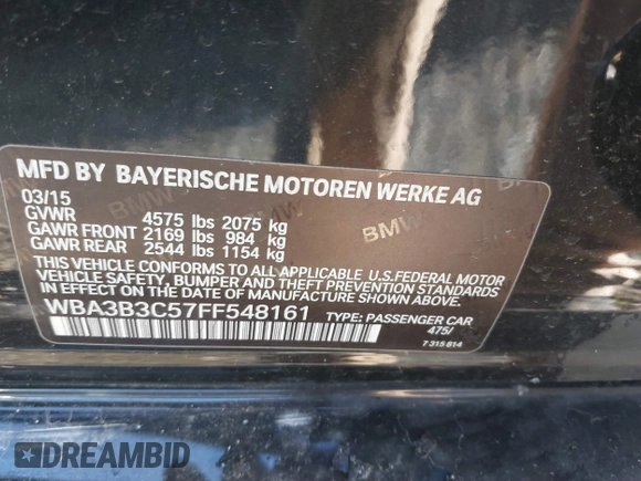 2015 BMW 3 Series 328i xDrive with VIN WBA3B3C57FF548161, listed as a IAAI auction lot 40383957 with 38,635 mi miles and . Bid and sale history available at DreamBid. Image 9.