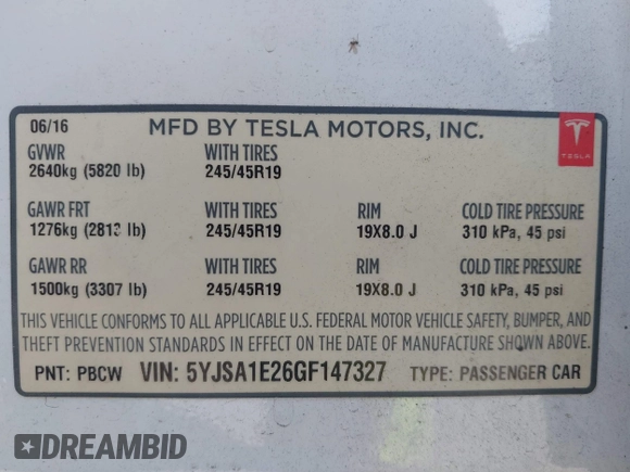 2016 Tesla Model S 90D with VIN 5YJSA1E26GF147327, listed as a IAAI auction lot 42077766 with 89,502 mi miles and . Bid and sale history available at DreamBid. Image 9.