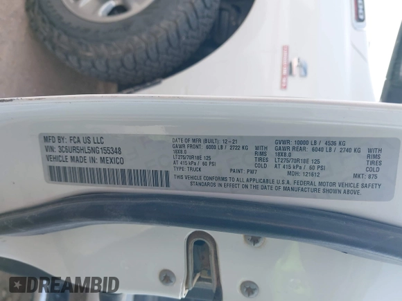 2022 Ram 2500 Tradesman with VIN 3C6UR5HL5NG155348, listed as a IAAI auction lot 41558324 with 118,500 mi miles and . Bid and sale history available at DreamBid. Image 9.