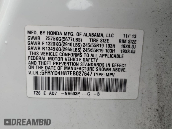 2014 Acura MDX Advance with VIN 5FRYD4H87EB027647, listed as a Copart auction lot 60404595 with 172,899 mi miles and Salvage title. Bid and sale history available at DreamBid. Image 13.