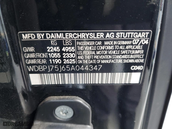 2005 Mercedes-Benz CL-Class 5.0L with VIN WDBPJ75J65A044347, listed as a Copart auction lot 45980115 with 174,010 mi miles and Salvage Title. Bid and sale history available at carsss.com. Image 12.