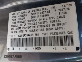 2010 Honda Accord LX with VIN 1HGCP2F35AA051786, listed as a IAAI auction lot 42334197 with 162,996 mi miles and . Bid and sale history available at DreamBid. Image 9.