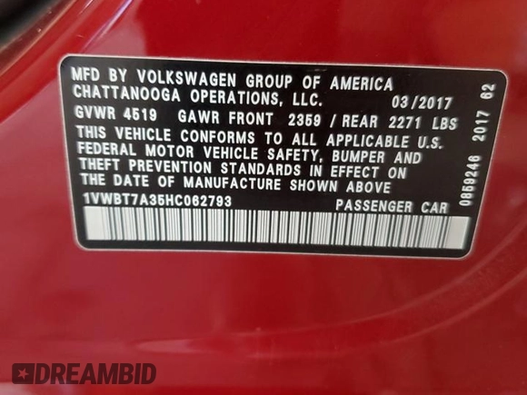 2017 Volkswagen Passat SE with VIN 1VWBT7A35HC062793, listed as a Copart auction lot 61253185 with 41,894 mi miles and Salvage title. Bid and sale history available at DreamBid. Image 13.