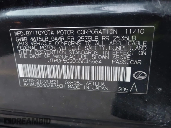 2011 Lexus IS 250 with VIN JTHCF5C20B5046664, listed as a IAAI auction lot 41493227 with 185,932 mi miles and . Bid and sale history available at DreamBid. Image 9.