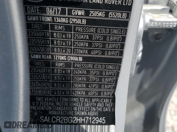 2017 Land Rover Discovery Sport HSE z VIN SALCR2BG2HH712945, wystawiony jako Copart lot #57019915 z przebiegiem 71 043 mil mil oraz Szkoda całkowita • Salvage title. Historia ofert i sprzedaży dostępna na DreamBid. Obrazek 13.