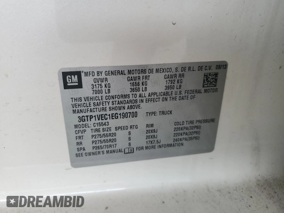 2014 GMC Sierra 1500 SLT with VIN 3GTP1VEC1EG190700, listed as a Copart auction lot 48573715 with 133,563 mi miles and Salvage title. Bid and sale history available at DreamBid. Image 12.