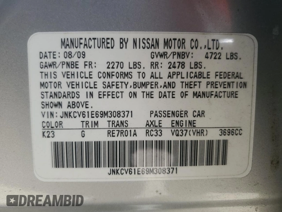 2009 Infiniti G37 Journey with VIN JNKCV61E69M308371, listed as a Copart auction lot 51070005 with 121,921 mi miles and Clean Title. Bid and sale history available at DreamBid. Image 13.