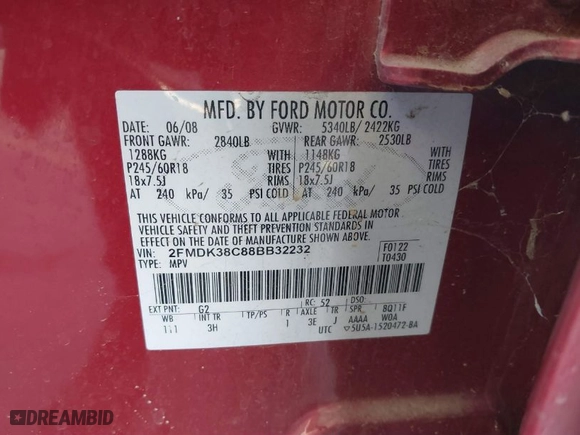 2008 Ford Edge SEL with VIN 2FMDK38C88BB32232, listed as a IAAI auction lot 41210118 with NaN miles. Bid and sale history available at carsss.com. Image 9.