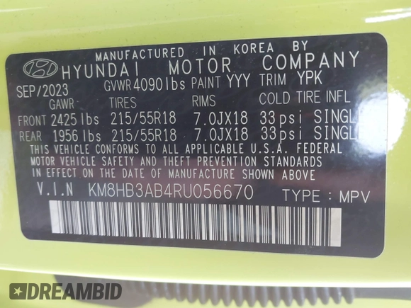 2024 Hyundai Kona SEL with VIN KM8HB3AB4RU056670, listed as a IAAI auction lot 41781071 with 17,022 mi miles. Bid and sale history available at carsss.com. Image 9.