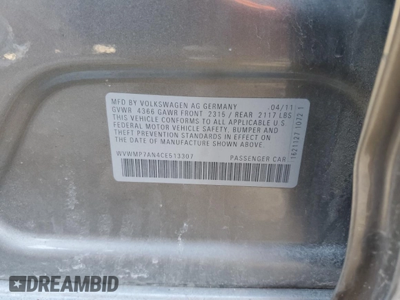 2012 Volkswagen CC Sport with VIN WVWMP7AN4CE513307, listed as a Copart auction lot 47117925 with 78,638 mi miles and Salvage Title. Bid and sale history available at DreamBid. Image 12.