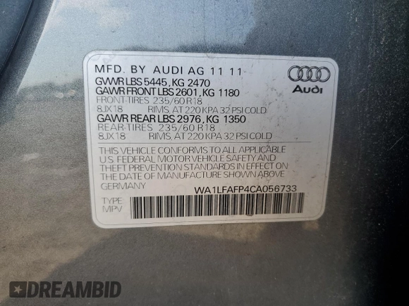 2012 Audi Q5 Premium Plus with VIN WA1LFAFP4CA056733, listed as a Copart auction lot 62909905 with 187,784 mi miles and Clean title. Bid and sale history available at DreamBid. Image 13.
