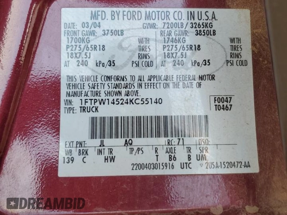2004 Ford F-150 XLT with VIN 1FTPW14524KC55140, listed as a Copart auction lot 53708165 with 170,692 mi miles and Salvage Title. Bid and sale history available at carsss.com. Image 13.