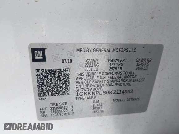 2019 GMC Acadia Denali with VIN 1GKKNPLS0KZ114003, listed as a IAAI auction lot 41246360 with 129,239 mi miles and . Bid and sale history available at carsss.com. Image 9.