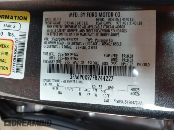 2015 Ford Fusion Titanium with VIN 3FA6P0K97FR244227, listed as a IAAI auction lot 41625135 with 119,313 mi miles. Bid and sale history available at carsss.com. Image 9.