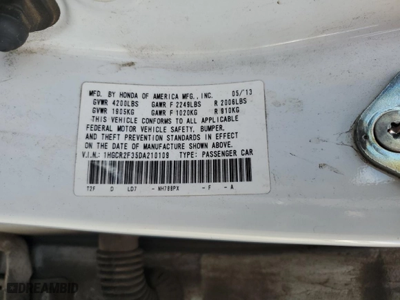 2013 Honda Accord Sdn LX with VIN 1HGCR2F35DA210109, listed as a Copart auction lot 47885155 with 271,464 mi miles and Salvage Title. Bid and sale history available at carsss.com. Image 12.