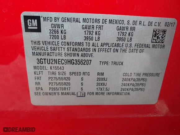2017 GMC Sierra 1500 SLT with VIN 3GTU2NEC9HG356207, listed as a IAAI auction lot 41569946 with 123,209 mi miles. Bid and sale history available at carsss.com. Image 9.