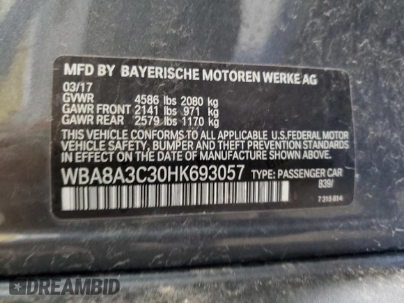 2017 BMW 3 Series 320i xDrive z VIN WBA8A3C30HK693057, wystawiony jako Copart lot #55702505 z przebiegiem 128 182 mil mil oraz Czysty tytuł • Clean title. Historia ofert i sprzedaży dostępna na DreamBid. Obrazek 12.