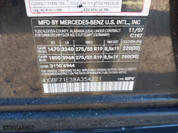 2008 Mercedes-Benz GL-Class 4.6L with VIN 4JGBF71E38A354221, listed as a IAAI auction lot 40591023 with 1 mi miles. Bid and sale history available at carsss.com. Image 9.