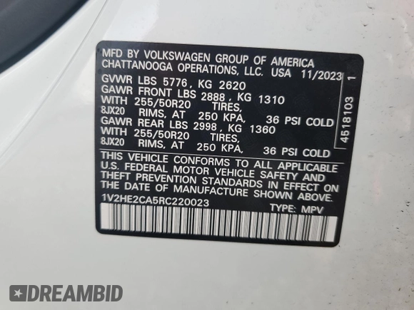 2024 Volkswagen Atlas SE с VIN 1V2HE2CA5RC220023, выставлен на аукционе Copart как лот 53952995 с пробегом 25 692 миль миль и Списание • Salvage title. История ставок и продаж доступна на DreamBid. Изображение 14.