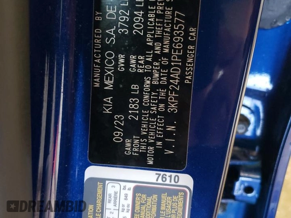 2023 Kia Forte LXS with VIN 3KPF24AD1PE693577, listed as a Copart auction lot 55455485 with 4,221 mi miles and Salvage Title. Bid and sale history available at carsss.com. Image 12.