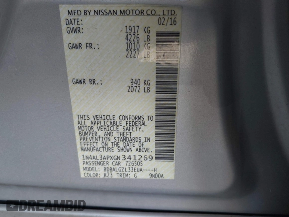 2016 Nissan Altima S with VIN 1N4AL3APXGN341269, listed as a IAAI auction lot 41974029 with 122,386 mi miles and . Bid and sale history available at DreamBid. Image 9.