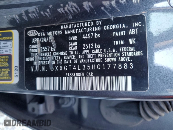 2017 Kia Optima LX with VIN 5XXGT4L35HG177883, listed as a Copart auction lot 50220195 with 108,058 mi miles and Salvage title. Bid and sale history available at DreamBid. Image 14.