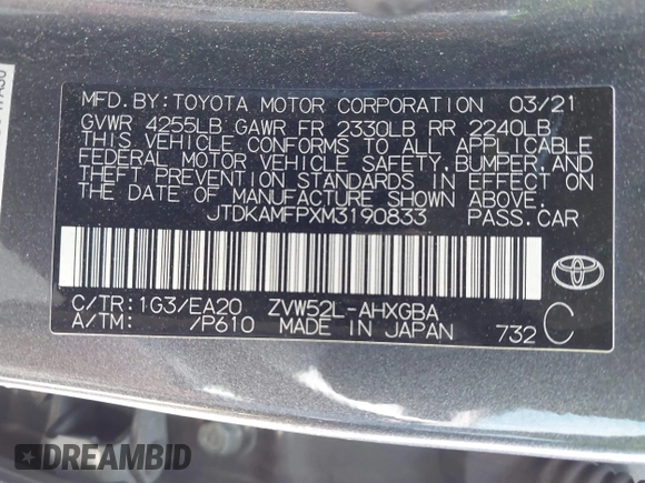 2021 Toyota Prius LE с VIN JTDKAMFPXM3190833, выставлен на аукционе IAAI как лот 42443864 с пробегом 133 146 миль миль и . История ставок и продаж доступна на DreamBid. Изображение 9.